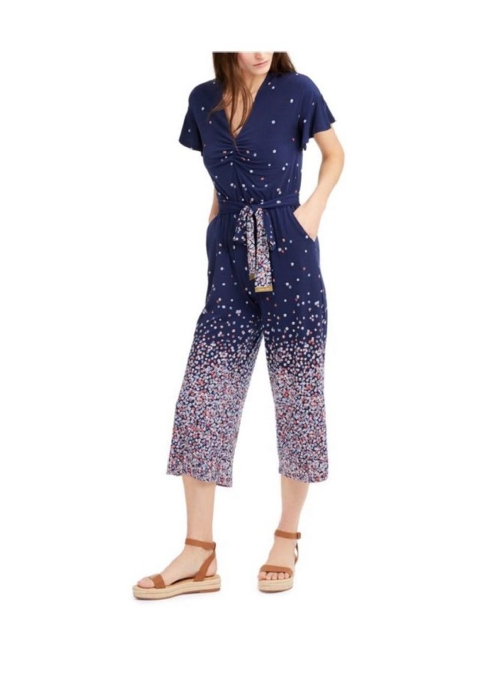Michael Kors Blue Navy Capri Floral V Neck Short Sleeve Jumpsuit Women's Size M